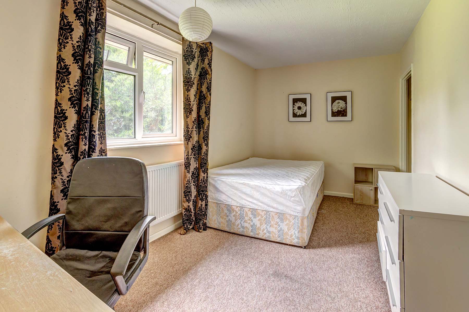Large double bedroom with magnolia walls. Double divan bed. White chest of drawers. Wooden effect desk and chair.