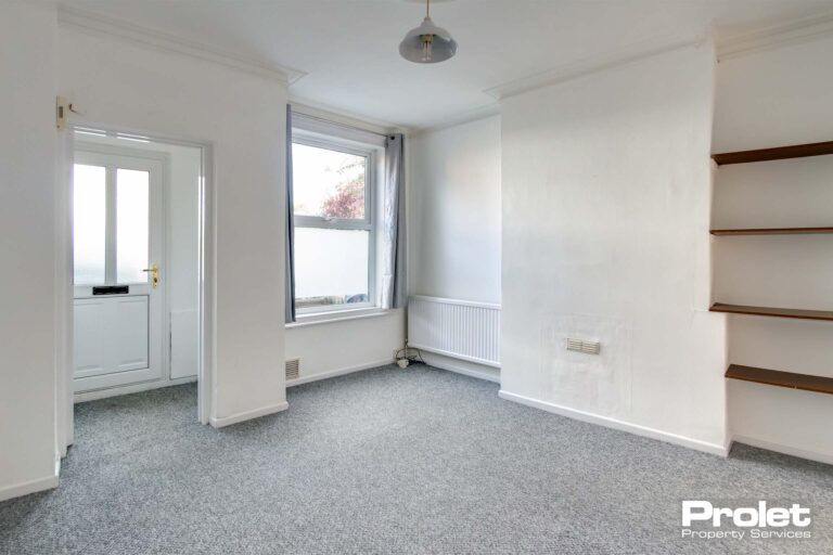 Large living room with white walls and grey carpet
