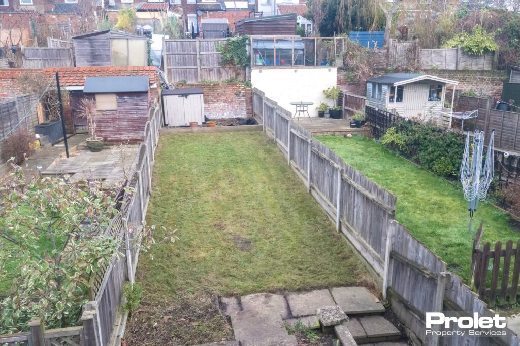 Birdseye view of garden, laid to lawn