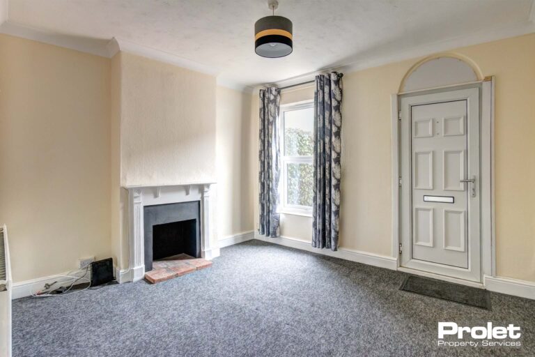 Living room with grey carpet, cream walls, and fireplace