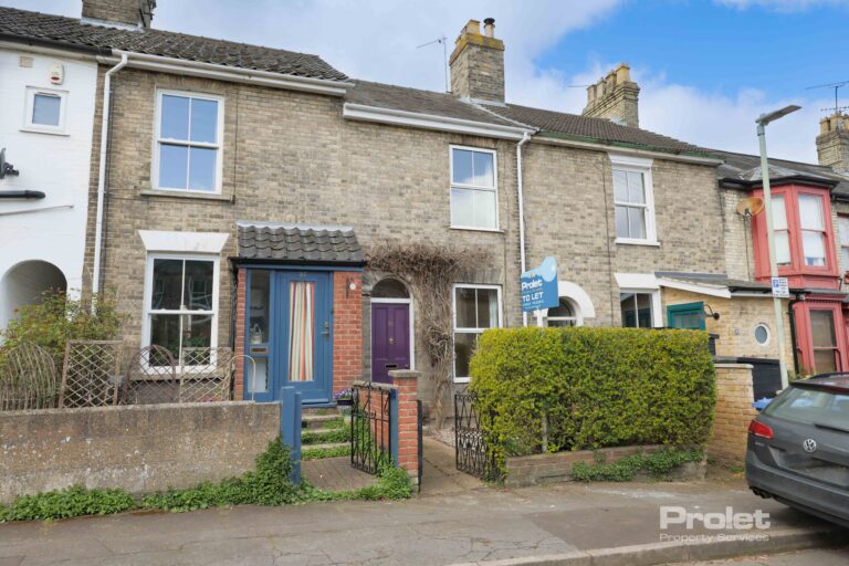Exterior of terraced property, with purple front door.