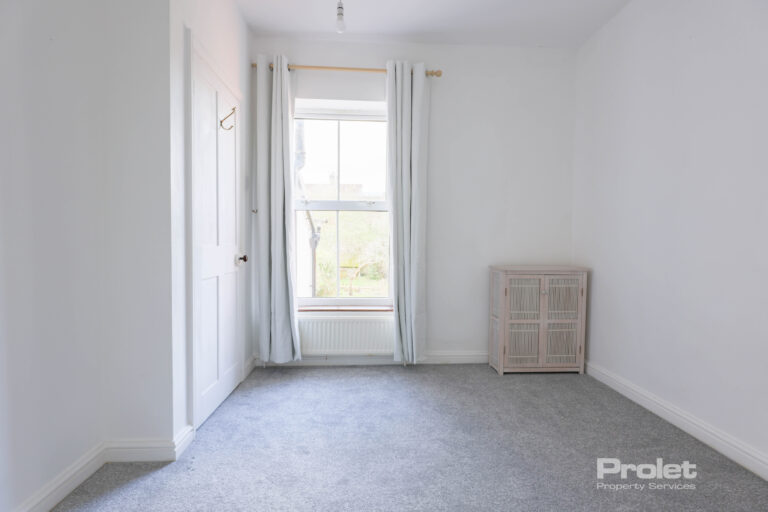 Back bedroom with built in cupbaord, white walls, and grey carpet