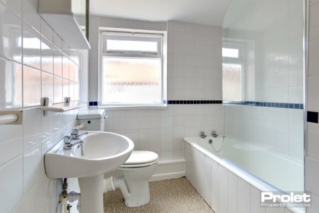 Mosaic pattern vinyl with white suite and white wall tiles with blue trim
