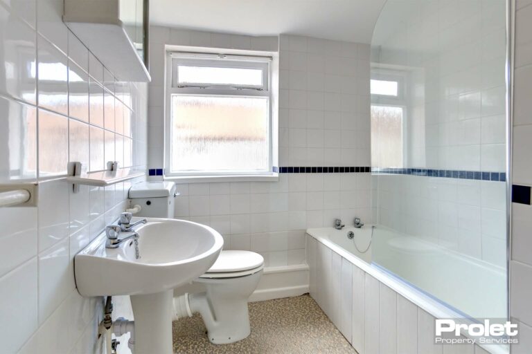 Mosaic pattern vinyl with white suite and white wall tiles with blue trim