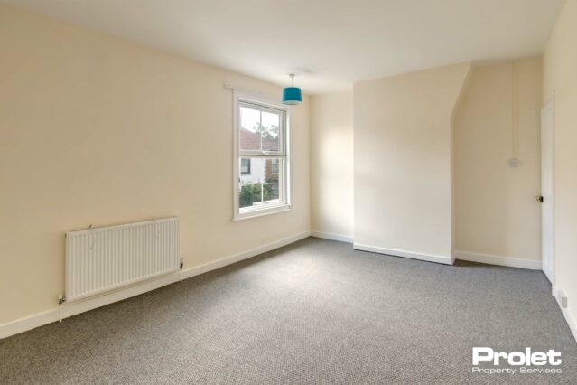 Magnolia walls and brown carpet with one window..
