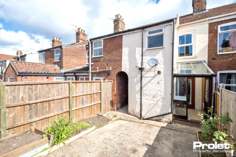 Step up to paved garden with flower beds and alley way to front of property.