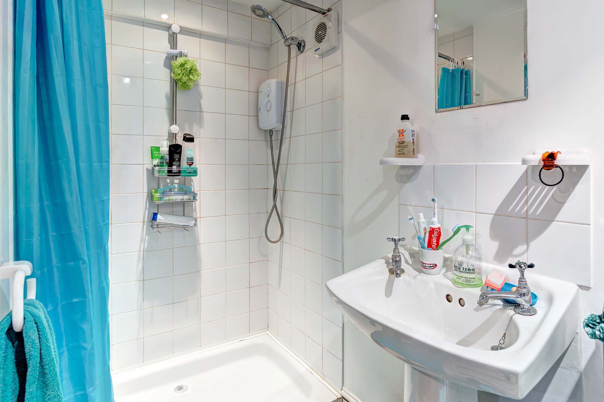 Bathroom with walk in shower and sink