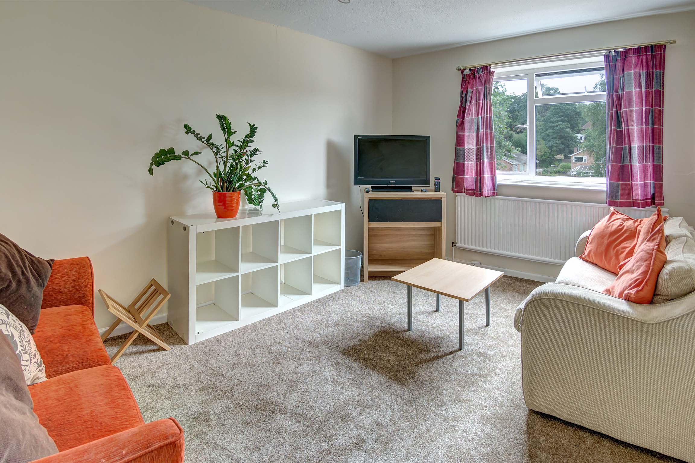 Large living room with grey carpet and sofas