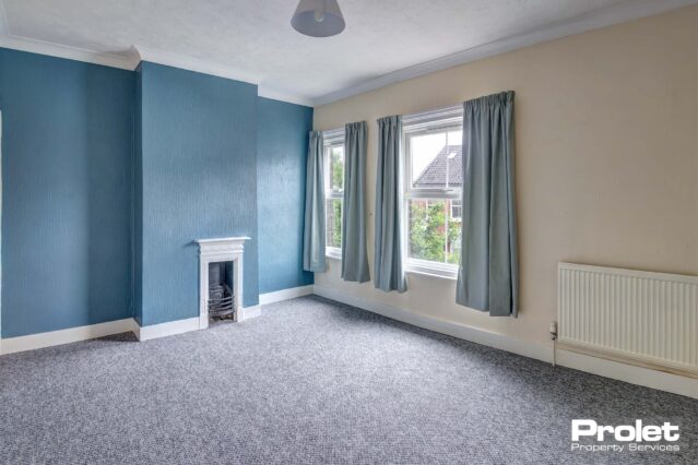 Grey carpet with blue and white painted walls and feature fireplace