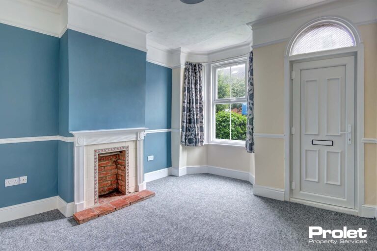 Lounge with grey carpet, blue and white walls, bay window and feature fireplace