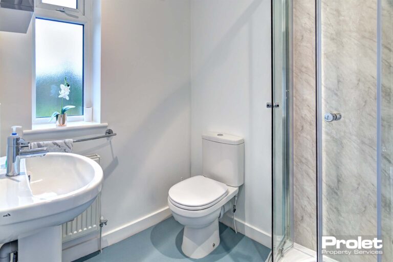 Ensuite bathroom with walk in shower with glass doors, a white toilet and sink.