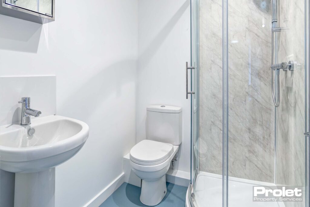 Ensuite bathroom with walk in shower with glass doors, a white toilet and sink.