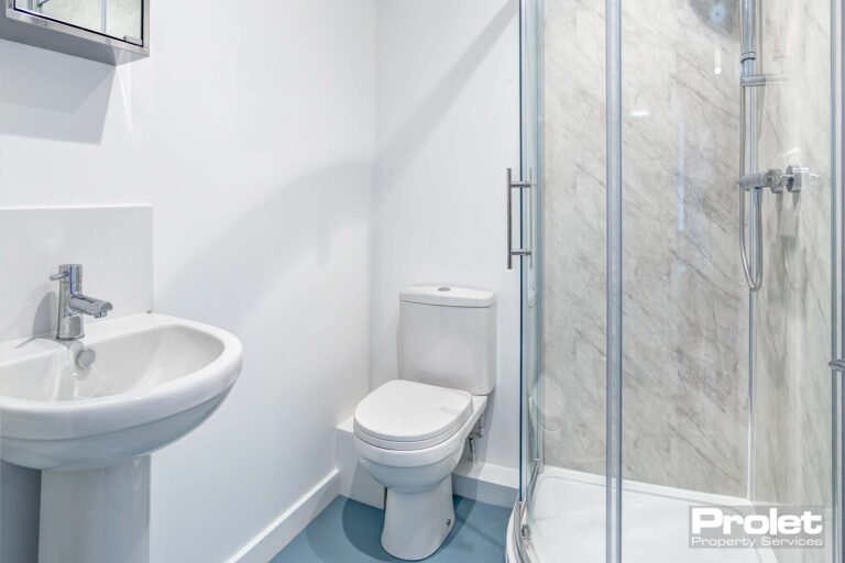 Ensuite bathroom with walk in shower with glass doors, a white toilet and sink.