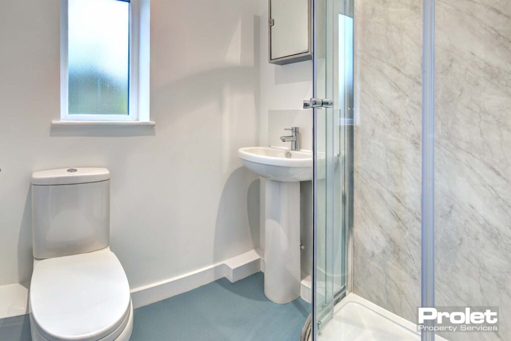 Ensuite bathroom with walk in shower with glass doors, a white toilet and sink.