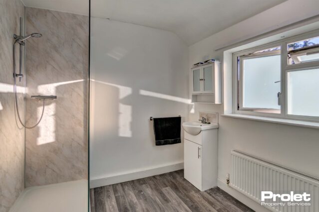 Large shower room with walk in shower and laminate flooring