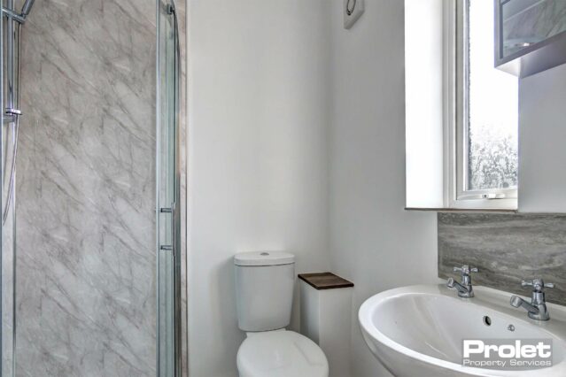 En-suite bathroom with toilet, sink, and shower cubicle