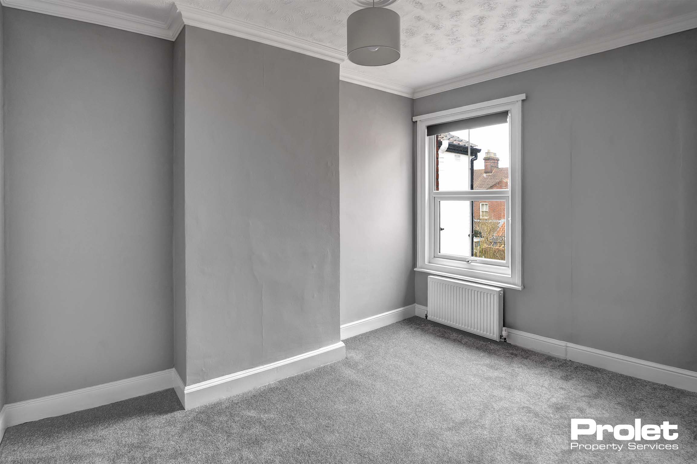 Grey walls with grey carpet and white ceiling with large windows and roller blind