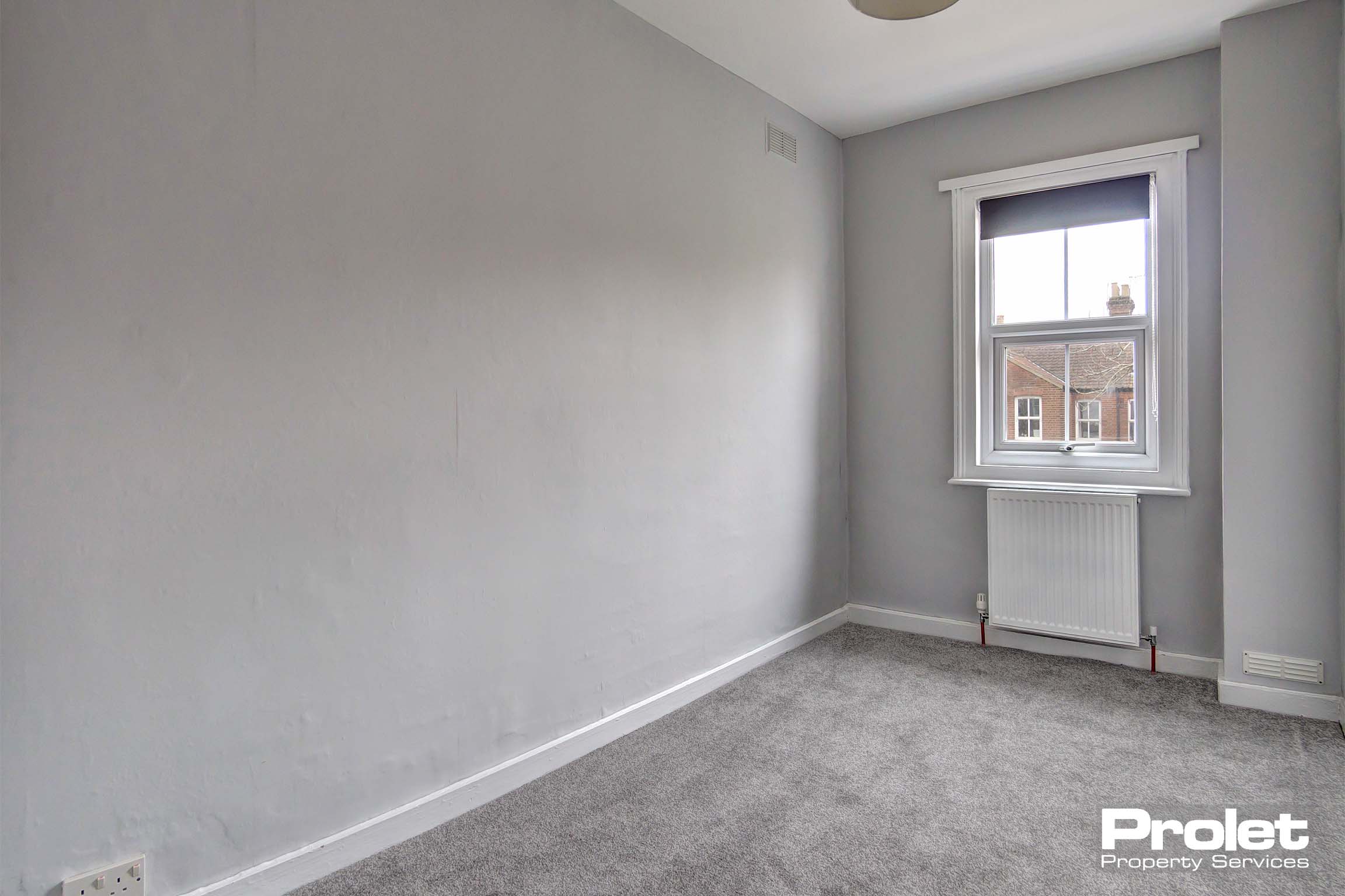 Grey walls with grey carpet and white ceiling with large windows and roller blind