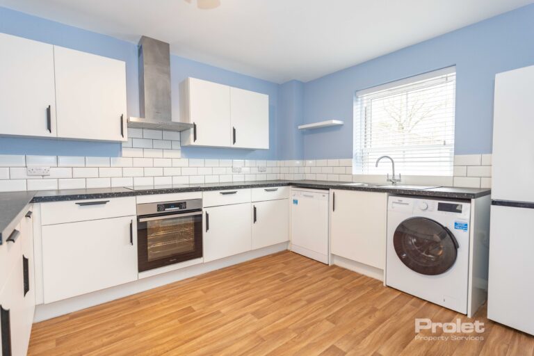 Modern kitchen with white cabinets, black worktop, blue walls, and wood effect flooring. ,