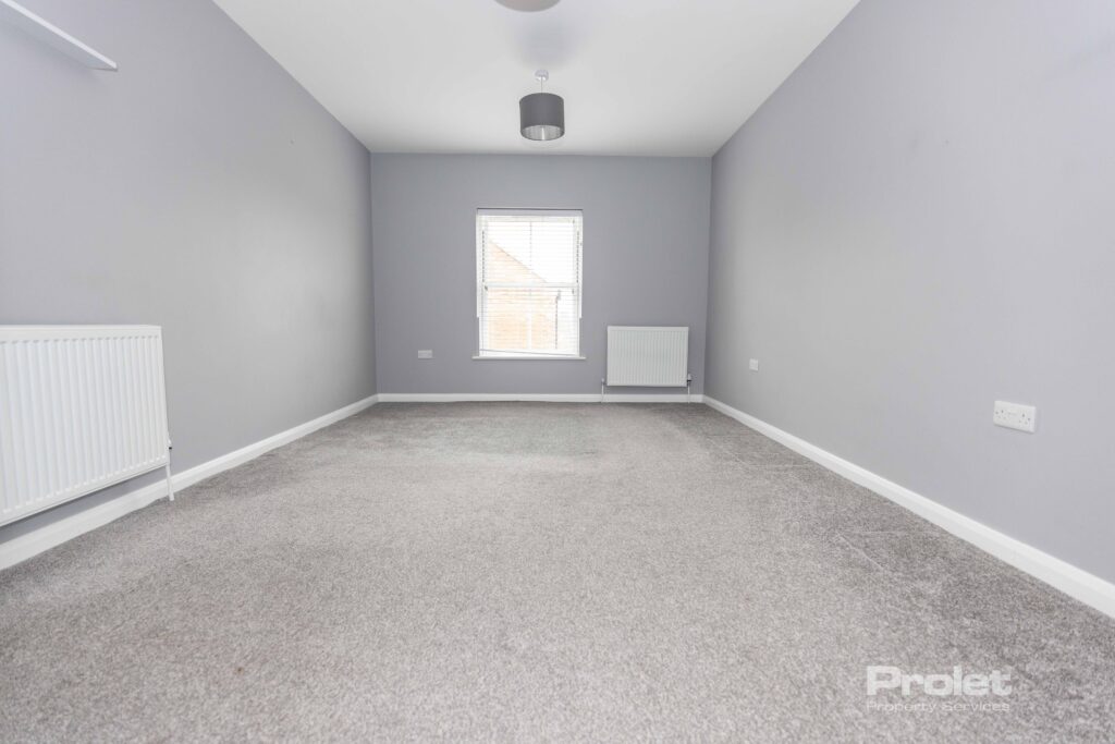 Large double bedroom with grey walls and light carpet.