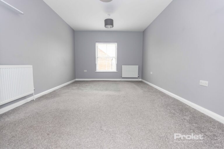 Large double bedroom with grey walls and light carpet.