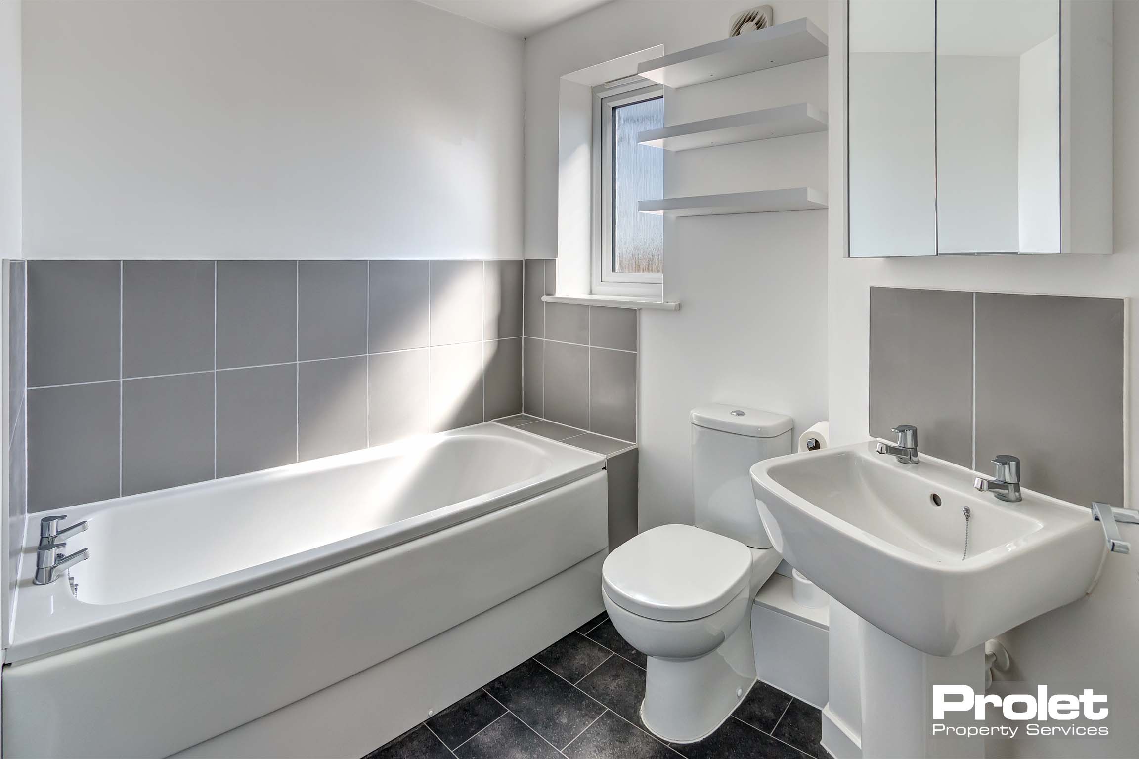 bath with white suite. Walls half painted white and grey tiles. Mirrored wall cabinet