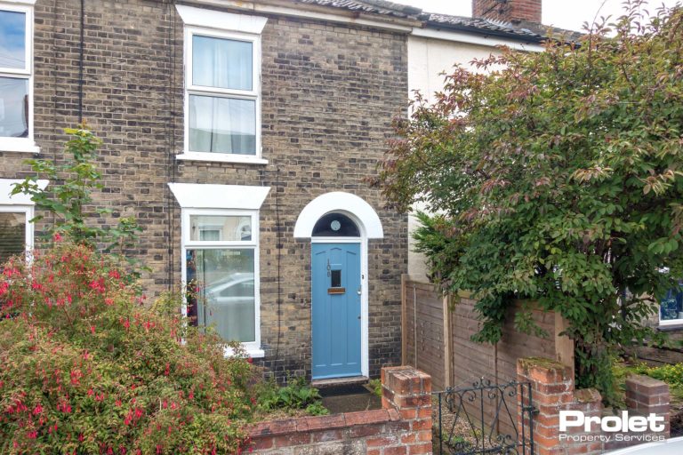 Brick terraced house with light blue front door