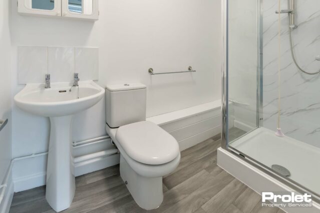 En-suite bathroom with toilet, sink, and shower