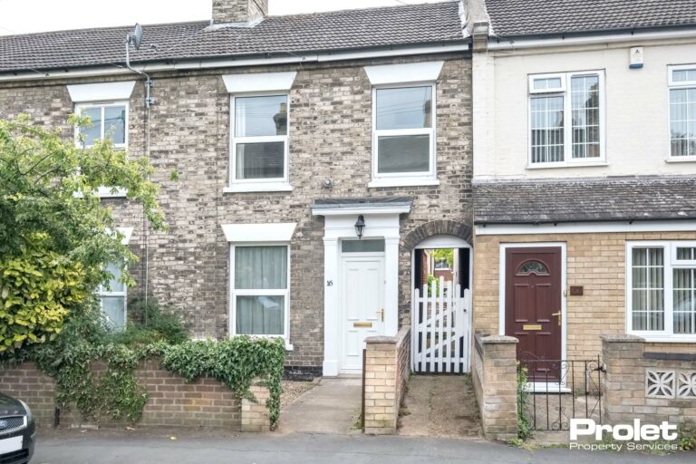 Grey brick terraced house with white front door