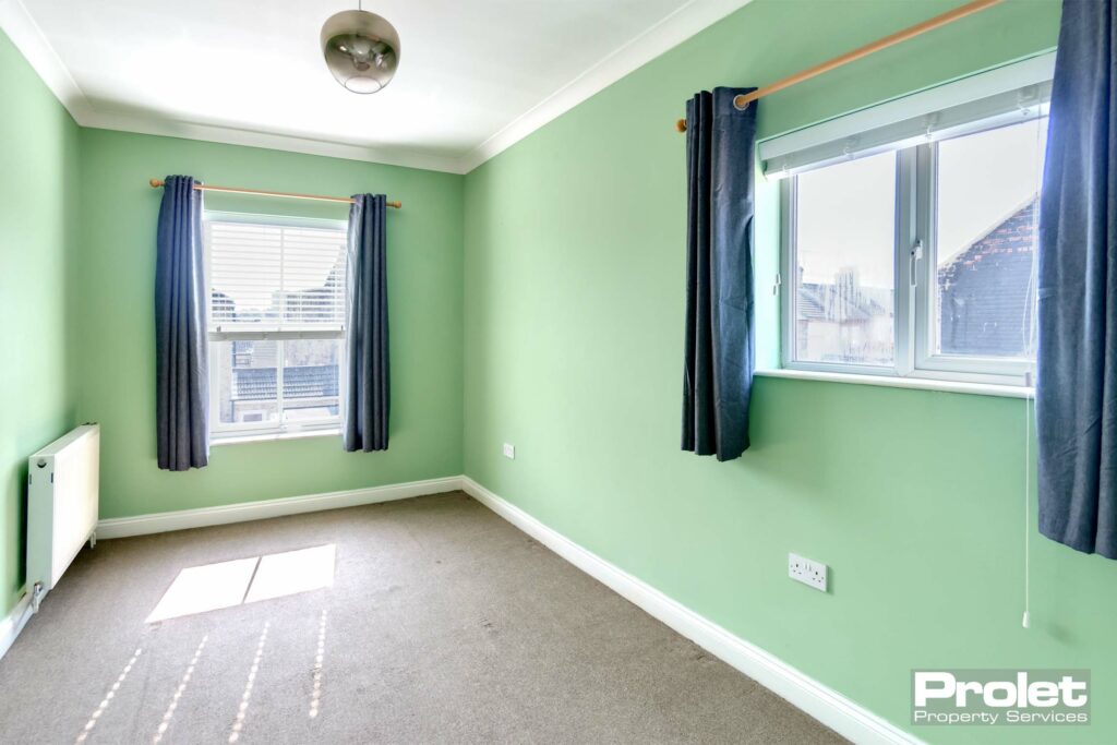 Master bedroom with green walls and grey carpet