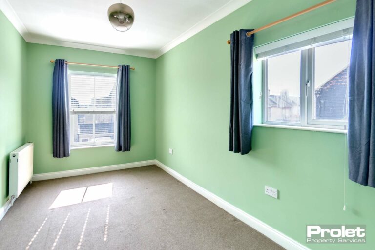 Master bedroom with green walls and grey carpet