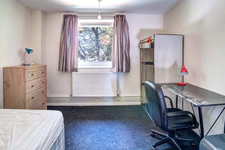 bedroom with off white walls, blue carpet, desk, bed, lamp, wardrobe and drawers