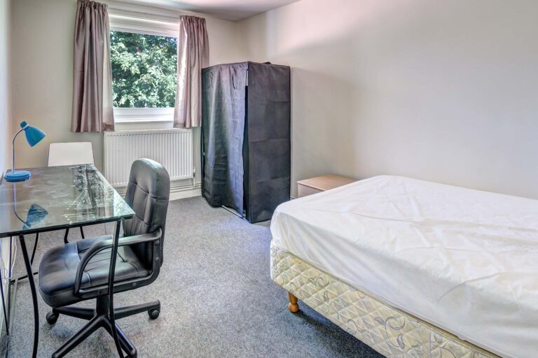 Grey carpet with off white walls, bed, desk, wardrobe, chair and lamp