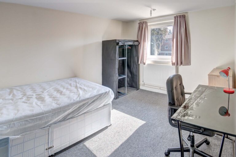 Grey carpet with off white walls, bed, desk, wardrobe, chair and lamp