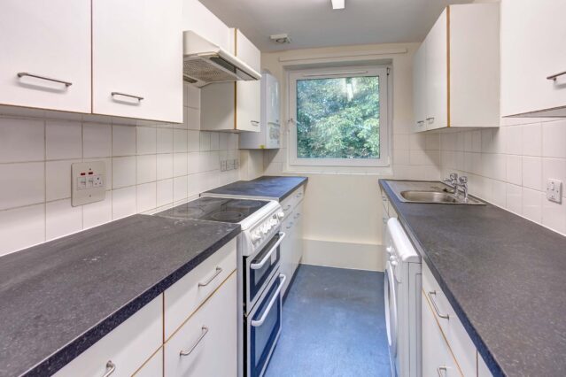White kitchen units with black worktops and blue flooring