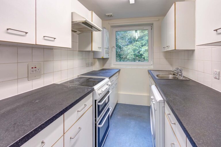White kitchen units with black worktops and blue flooring