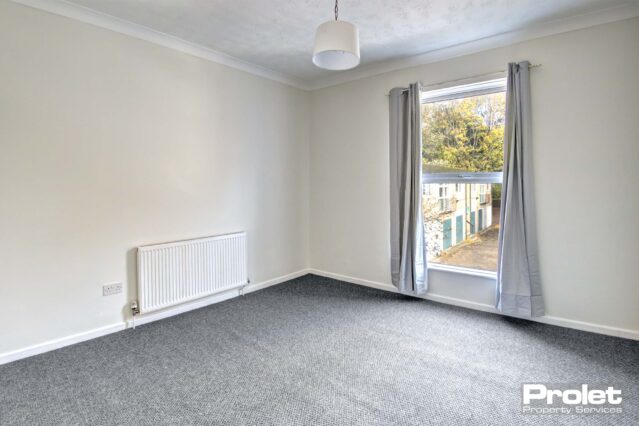 Bedroom with white walls and grey carpet