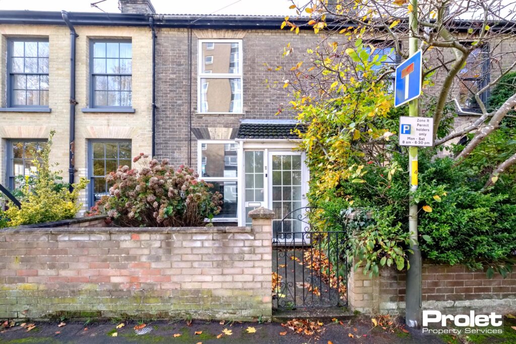 Grey brick terraced house with white porch
