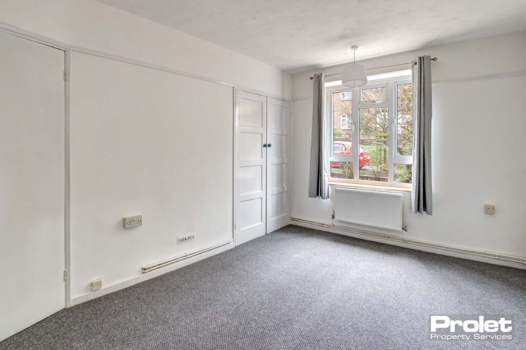Large room with grey carpets, white walls, storage cupboard and large window