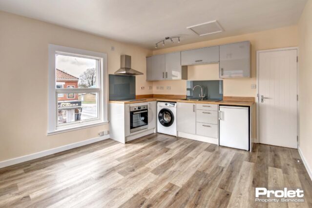 Laminate flooring with galley kitchne offering white goods and magnolia walls