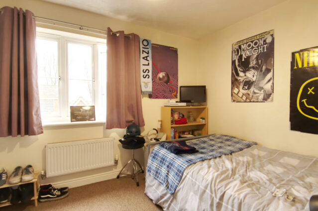 Double bedoom with double bed and bookshelves