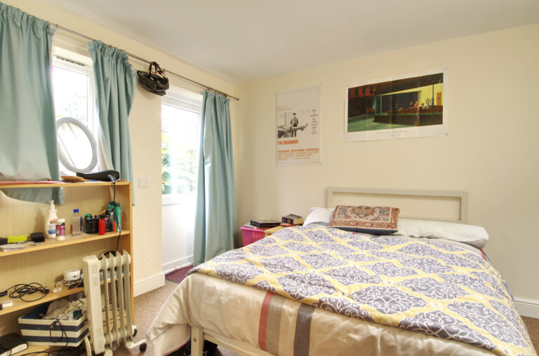 Double bedroom with double bed and bookshelves