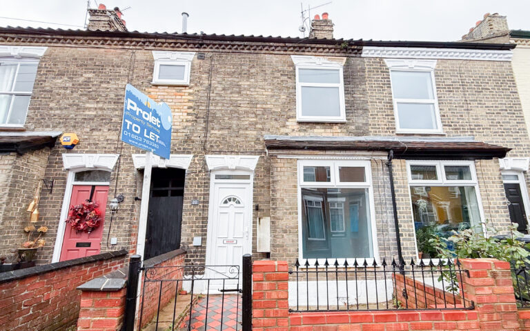 Terraced house with low brick wall with black railings and a UPVC front door