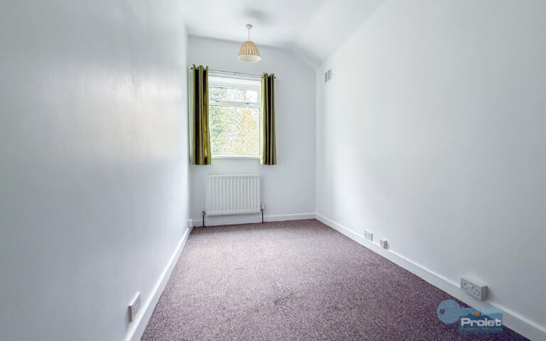 Bedroom with white walls and brown carpet