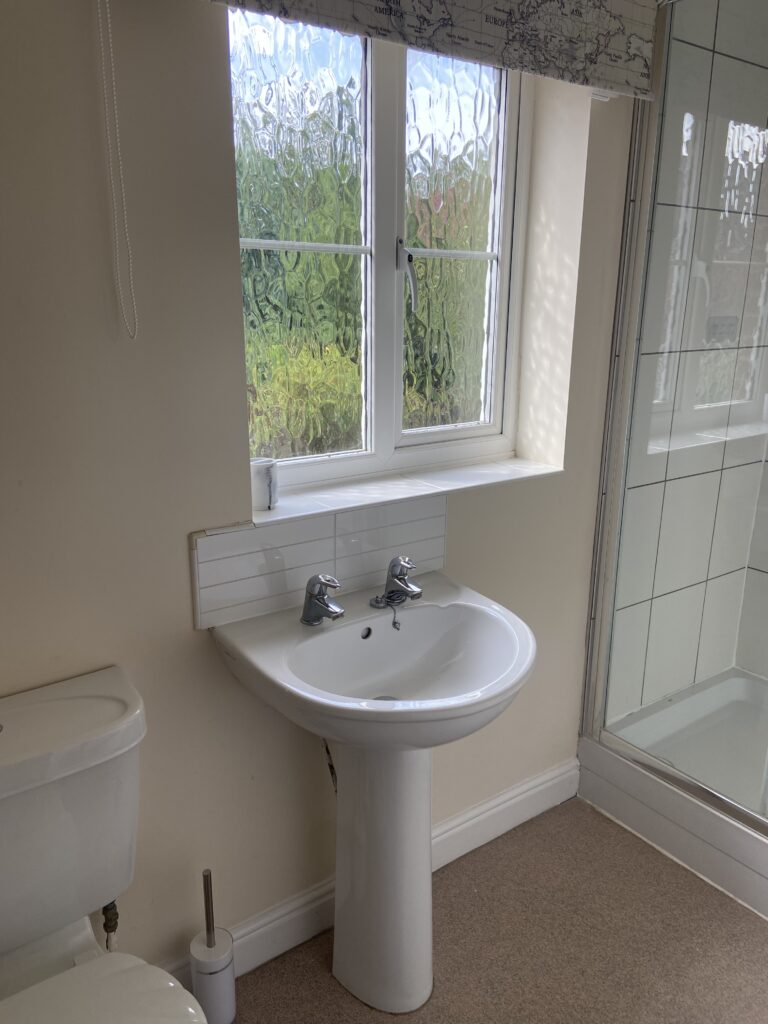 Family bathroom with shower, toilet, and sink