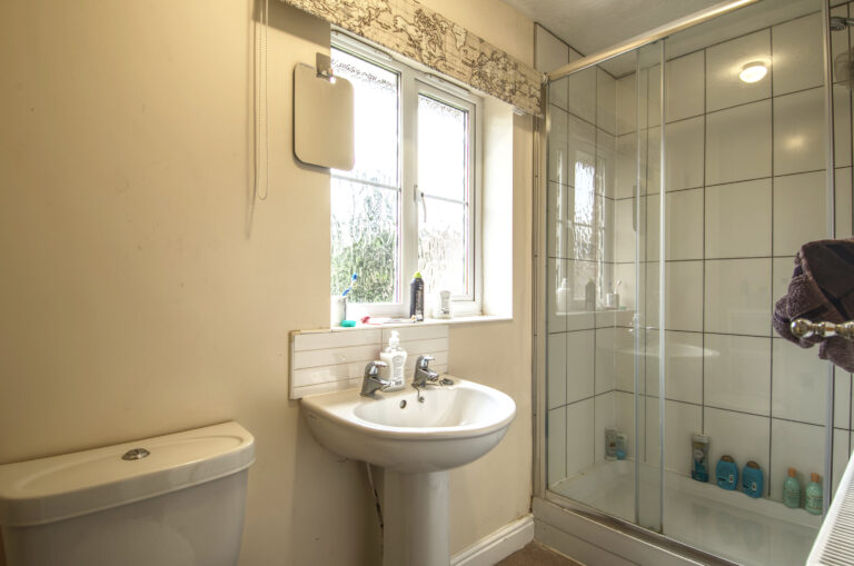 Family bathroom with toilet, sink, and shower cubicle