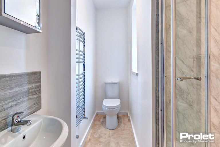 En-suite bathroom with toilet, shower, and sink