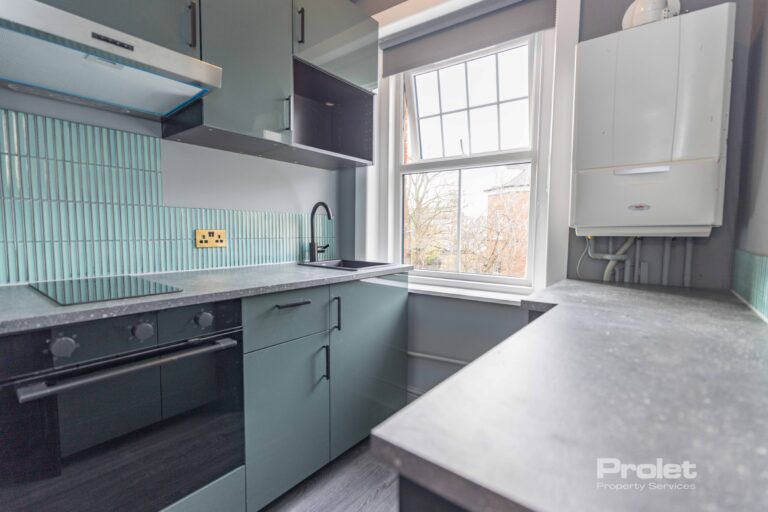 Grey worktops with teal units. Boiler in corner with 2 ring electric hob, oven and undercounter fridge freezer